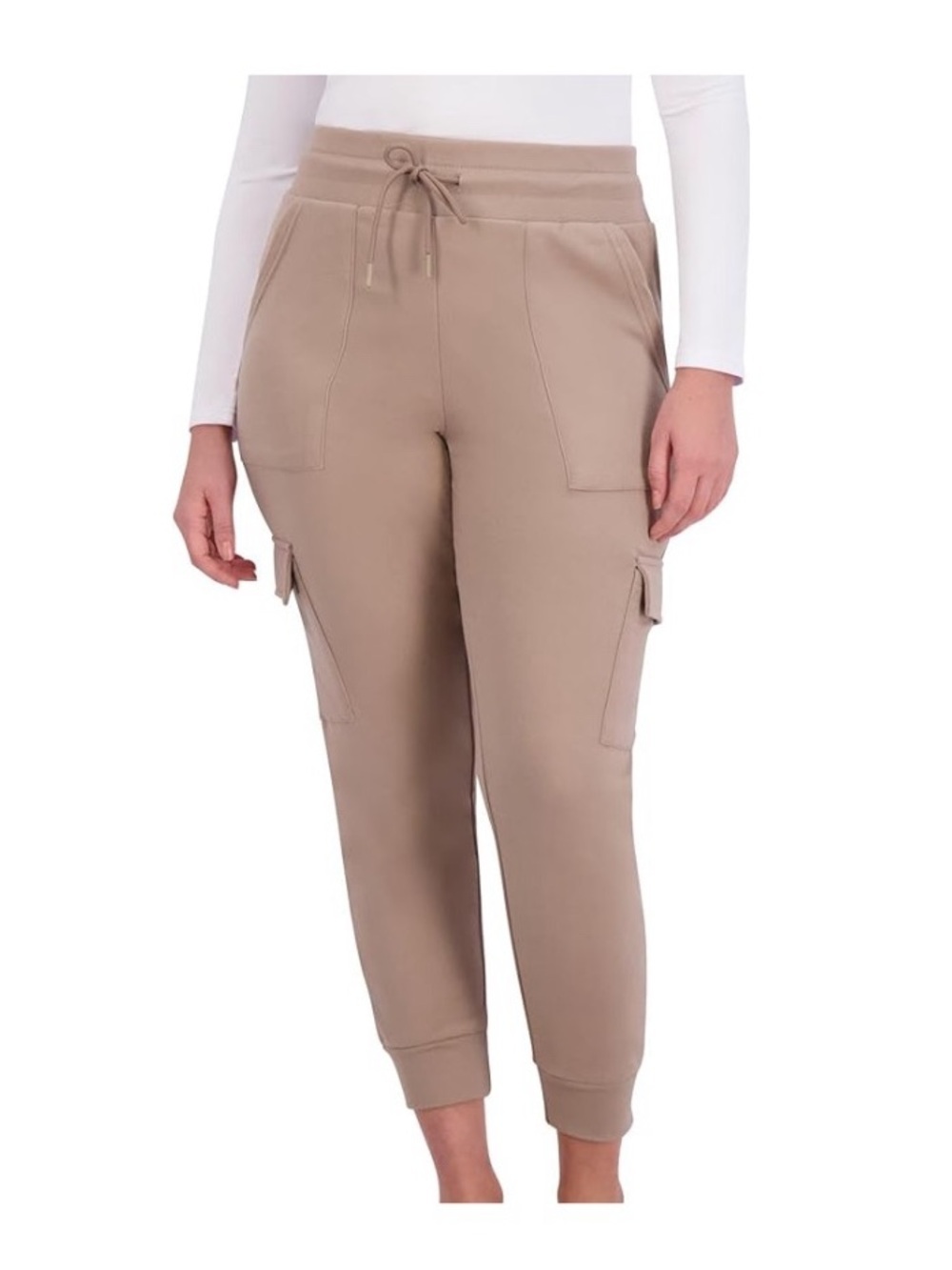 BearPaw Micro Fleece Cargo Joggers Tan High Rise Drawstring Lounge Large Women’s
